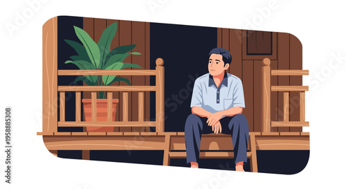 Young man sitting thoughtfully on the wooden porch of a traditional house with a plant nearby