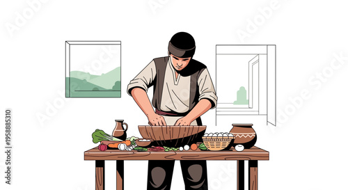 Man kneading dough in a rustic kitchen preparing food with fresh ingredients, eggs and pottery nearby.