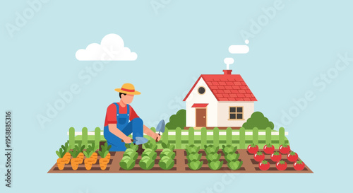 Farmer tending to vegetable garden with farmhouse and blue sky