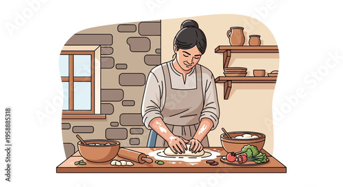 Woman baking bread in a rustic kitchen, kneading dough with hands and apron.