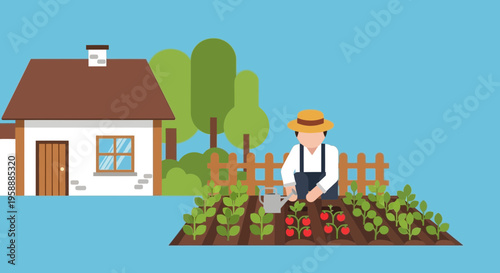 Farmer watering vegetable garden near house with trees and fence in flat illustration style