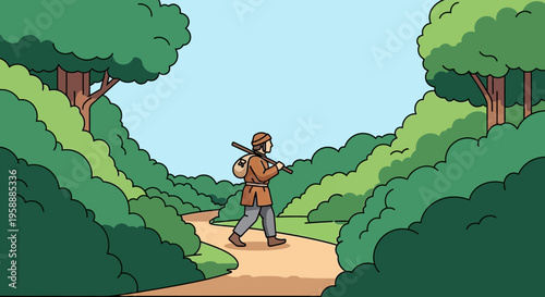 A solitary traveler with a backpack walks along a winding path through lush green nature, on an adventure.