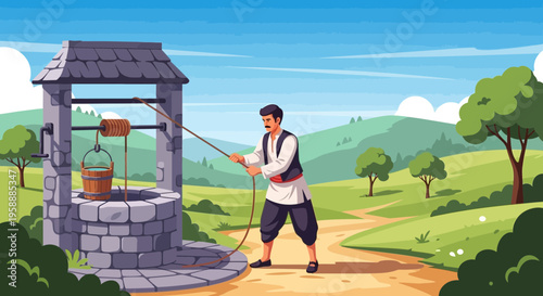 Man drawing water from a stone well in a rural village scene with green hills and blue sky