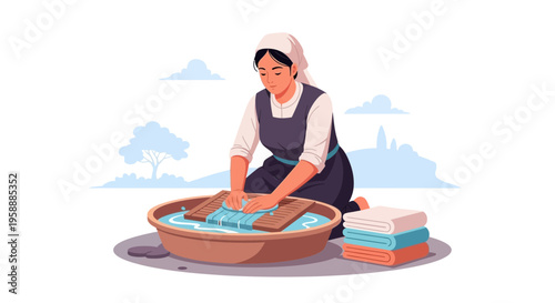Woman washing clothes by hand in a traditional basin with a washboard and stacked towels