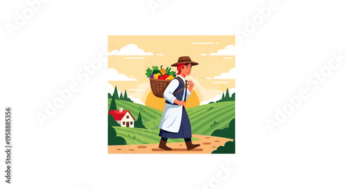 A farmer with a basket full of fresh produce walks through rolling fields at sunset, representing a bountiful harvest.