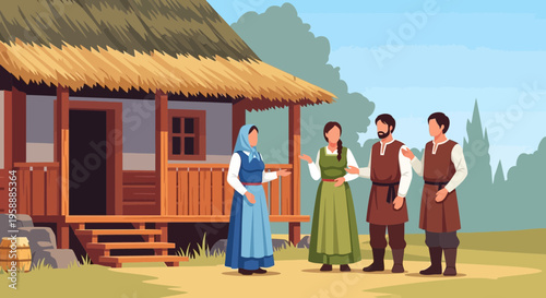 Traditional village life with people gathered near a rustic straw-roofed house