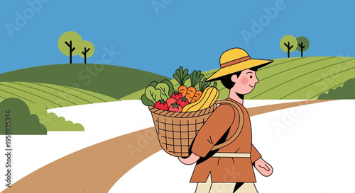 Smiling farmer in a straw hat carries a basket overflowing with fresh harvested vegetables and fruits on a sunny day