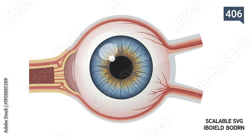 A detailed vector illustration of a human eye with a blue iris and yellow pupil, showcasing its anatomy in a medical context.