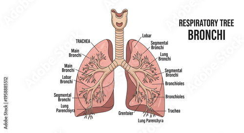 A detailed illustration of the human respiratory system, specifically highlighting the bronchi and respiratory tree.