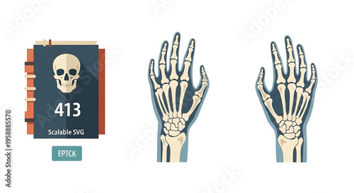 A vector graphic illustration of a skeleton hand and a book with a skull on the cover, representing a unique and creative design element for various commercial uses.