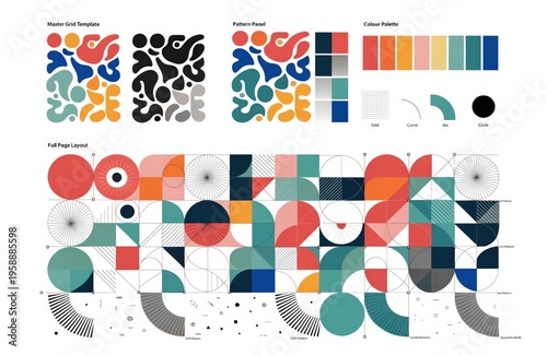 Complex visual identity systems: Templates with multiple graphic elements, dense patterns, broad palettes, and abundant visual resources.