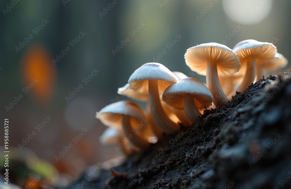 Fototapeta premium Several small white mushrooms sprout from decaying wood in a forest. Sunlight filters through, illuminating the delicate caps and stems. The background is a soft blur of green and brown.