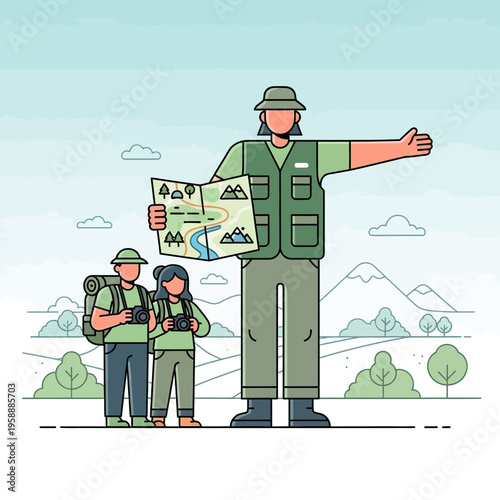 Adventure Family Exploring Scenic Mountains With Map And Cameras