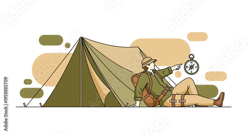 Adventure Explorer Resting Beside Tent With Compass Indicating Direction