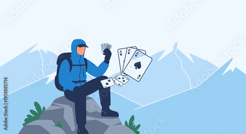 Adventure Gambler Summiting Peaks While Playing Cards In The Mountains
