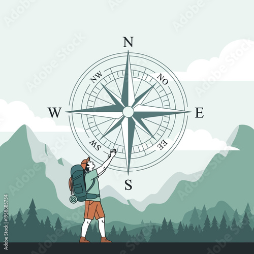 Adventure Guide Navigating Mountain Peaks With Large Compass Illustration