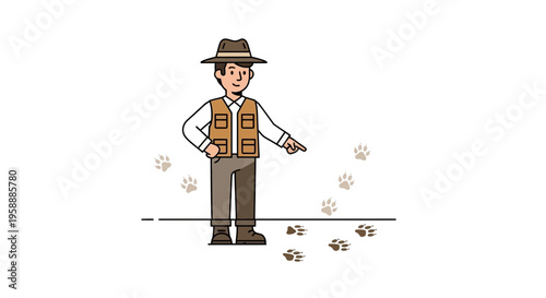 Adventure Guide Points To Animal Tracks In The Wild