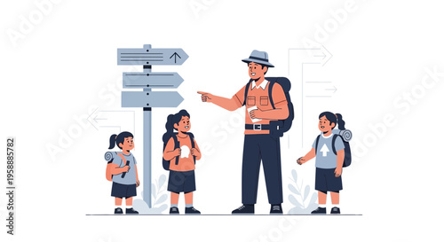 Adventure Guide Directing Young Explorers At Crossroads