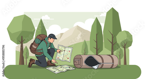 Adventure Seeker Planning Expedition With Maps And Gear