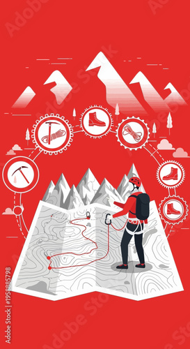 Adventure Map And Mountain Climber Gear Icons On Red Background