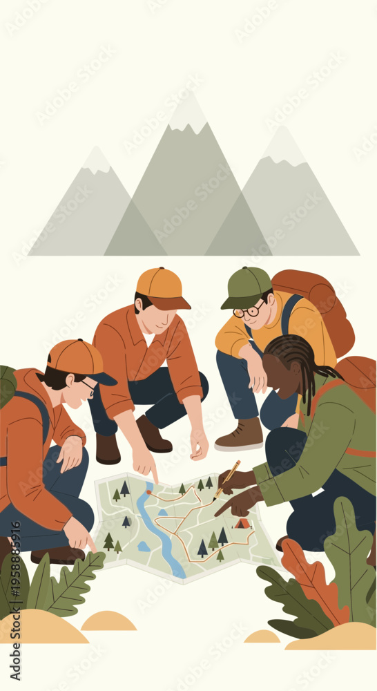Naklejka premium Adventure Team Planning Expedition Route Outdoor Activity Teamwork