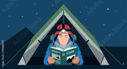 Adventure Seeker Studying Guide Inside Tent Under Starry Night Sky