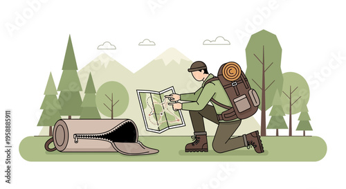 Adventure Seeker Studying Map In Forest Setting With Backpack And Tent