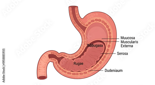 A detailed vector illustration of the human stomach anatomy with labeled parts