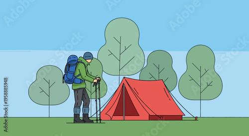 Adventure Trekker And Camping Setup In Verdant Woodland Scene