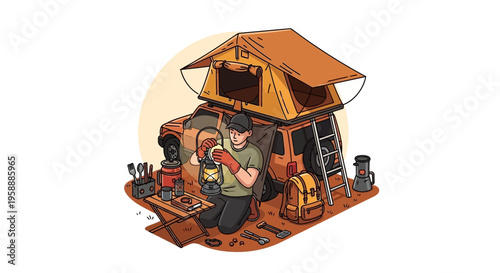 Adventure Vehicle Camp Setup Preparing Evening Lantern Light