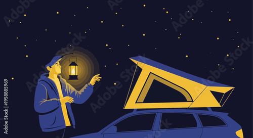 Adventure Under The Stars With A Rooftop Tent And Lantern