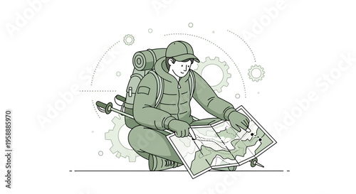 Adventure Planning Navigator With Backpack and Trekking Poles Studying Map