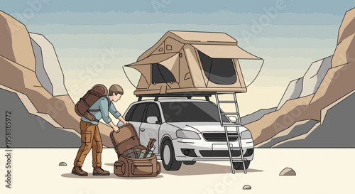 Adventure Vehicle Camp Rooftop Tent Setup In Desert Terrain