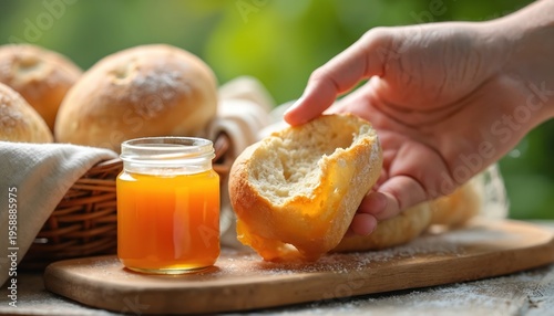 Hand holds piece of fresh baked bread near jar of orange jam and basket with loaves. Wooden table surface with scattered flour. Morning outdoor picnic setting with green garden background.