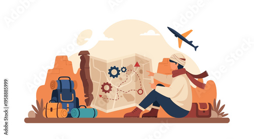 Adventure Planning Traveler With Map And Backpack In Desert Landscape