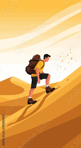 Adventurer Ascending Sandy Dunes Under Warm Horizon Sky