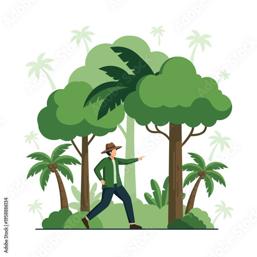 Adventurer Exploring Lush Tropical Forest With Palm Trees And Dense Foliage