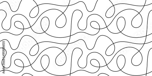 Seamless wavy lines, curling and intersecting threads, isolated on white background, vector design