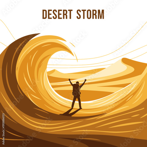 Adventurer Facing Acolossal Sand Wave In A Vast Desert Landscape