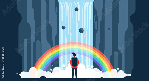 Adventurer Gazes At Majestic Waterfall Underneath A Vibrant Rainbow