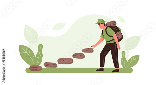 Adventurer Ascends Stepping Stones On Outdoor Path