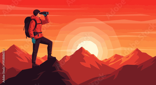Adventurer Gazes Through Binoculars From Mountain Peak At Sunrise