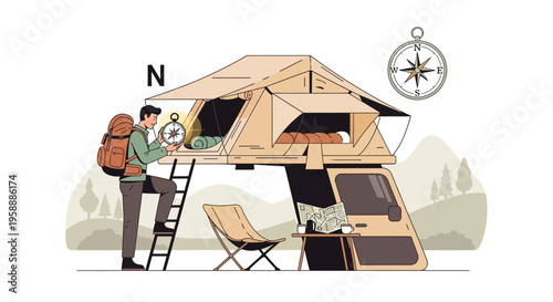 Adventurer Ascends Roof Tent With Compass Exploring Wilderness Trails