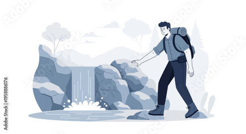 Adventurer Exploring Scenic Waterfall Landscape Minimalist Graphic Style
