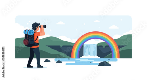 Adventurer Gazes Towards Enchanting Rainbow Waterfall Vista