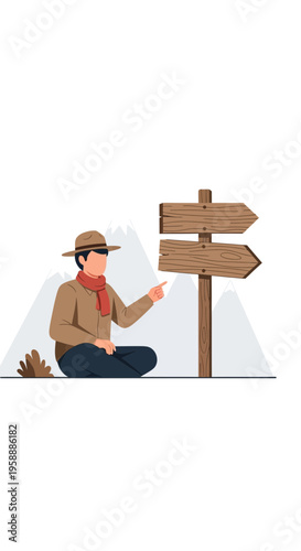 Adventurer At Crossroads Seeking Direction On Mountain Trail