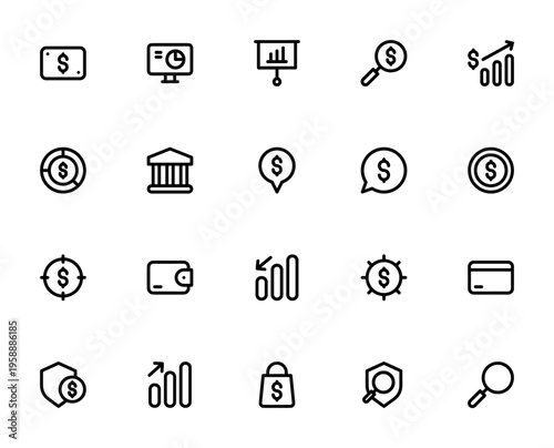 Finance and Money icon set. Vector illustration pack. Includes symbols for money, chart, bank, wallet, credit card, insurance, target, shield and more. Editable stroke.