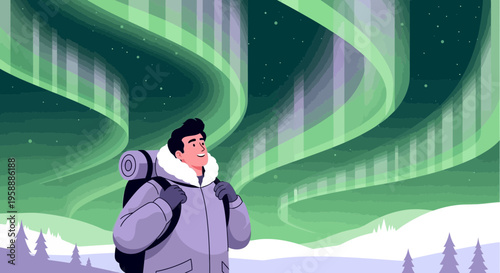 Adventurer Gazes Up at Majestic Aurora Borealis in Snowy Landscape