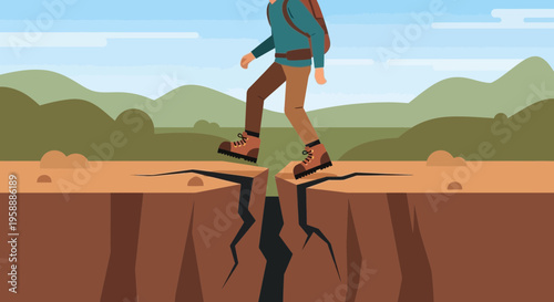 Adventurer Bravely Crosses Treacherous Chasm With Determination