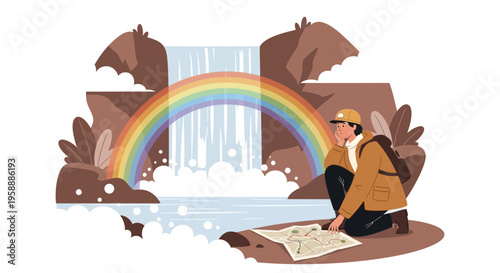 Adventurer Gazing At Scenic Waterfall Rainbow Landmark Discovery